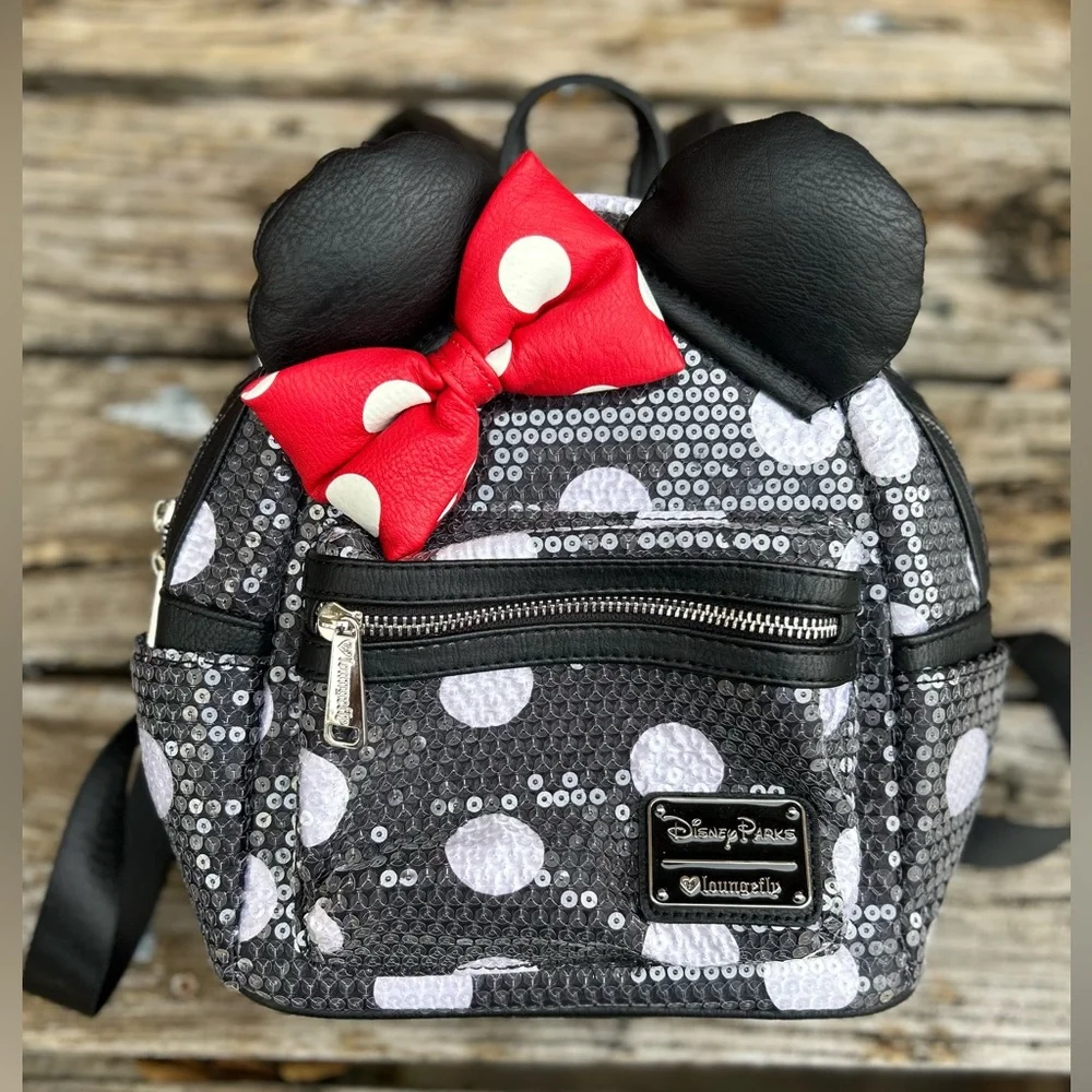Disney Parks Loungefly Minnie Mouse Sequined Black White Polka Dot Mini Backpack - Picture 3 of 12